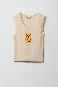 Camisole côtelée imprimée à bordure en dentelle pour filles