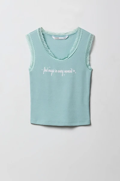 Girls Graphic Ribbed Lace Trim Tank