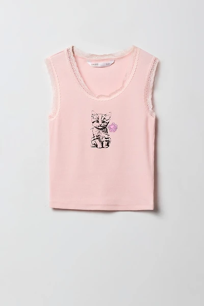 Camisole côtelée imprimée à bordure en dentelle pour filles