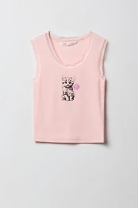 Camisole côtelée imprimée à bordure en dentelle pour filles