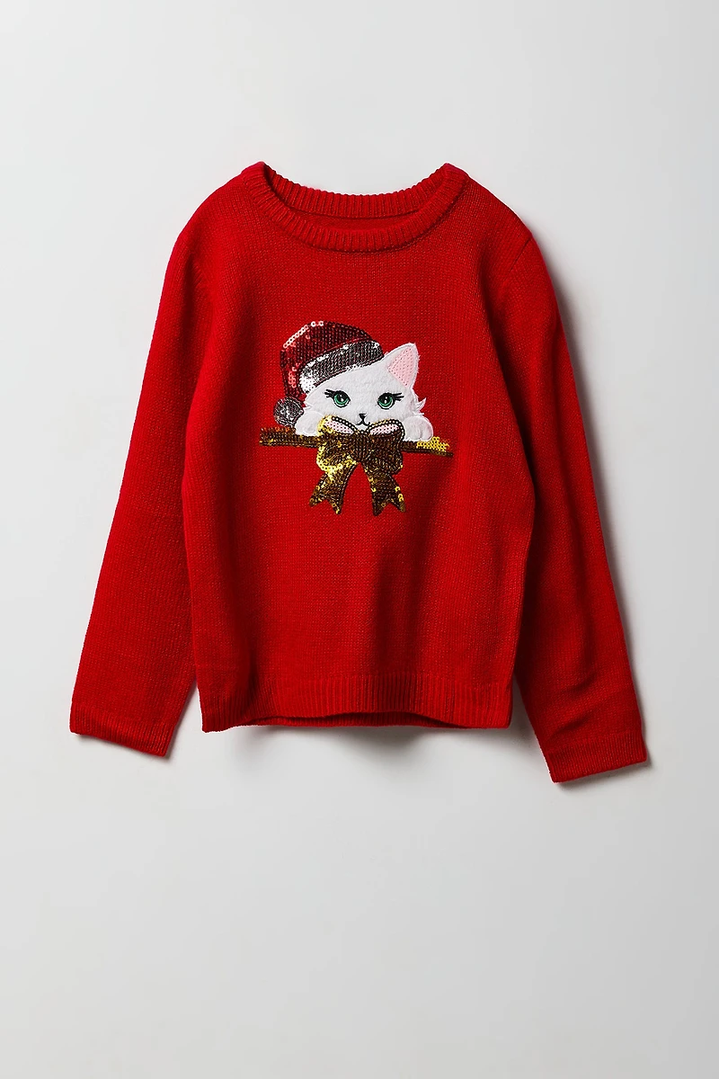 Girls Sequin Cat Christmas Sweater