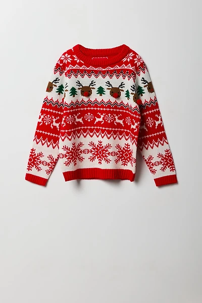 Girls Reindeer Pom Christmas Sweater