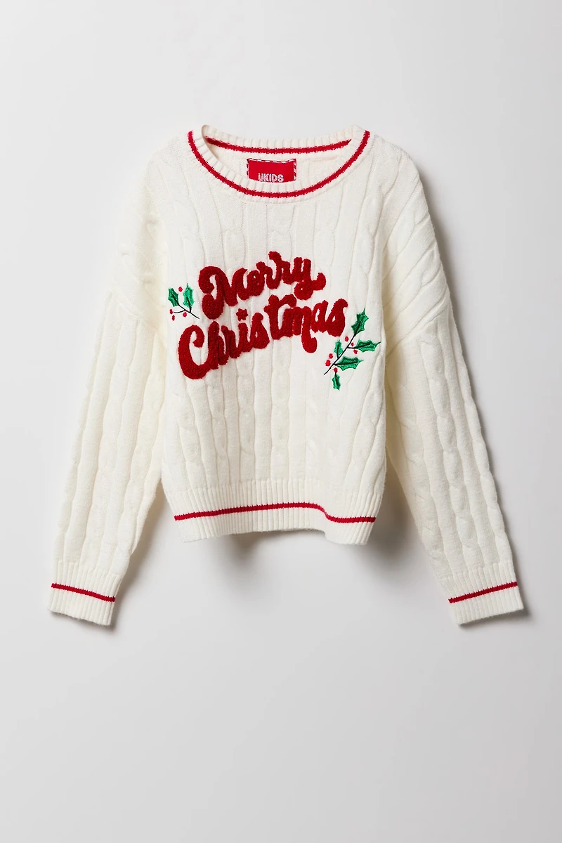 Girls Christmas Chenille Embroidered Cable Knit Sweater