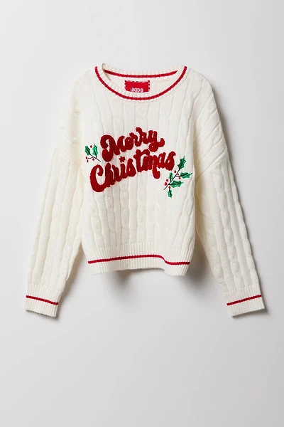Girls Christmas Chenille Embroidered Cable Knit Sweater