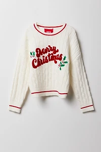 Girls Christmas Chenille Embroidered Cable Knit Sweater