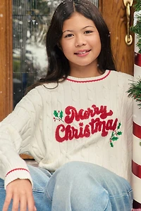Girls Christmas Chenille Embroidered Cable Knit Sweater