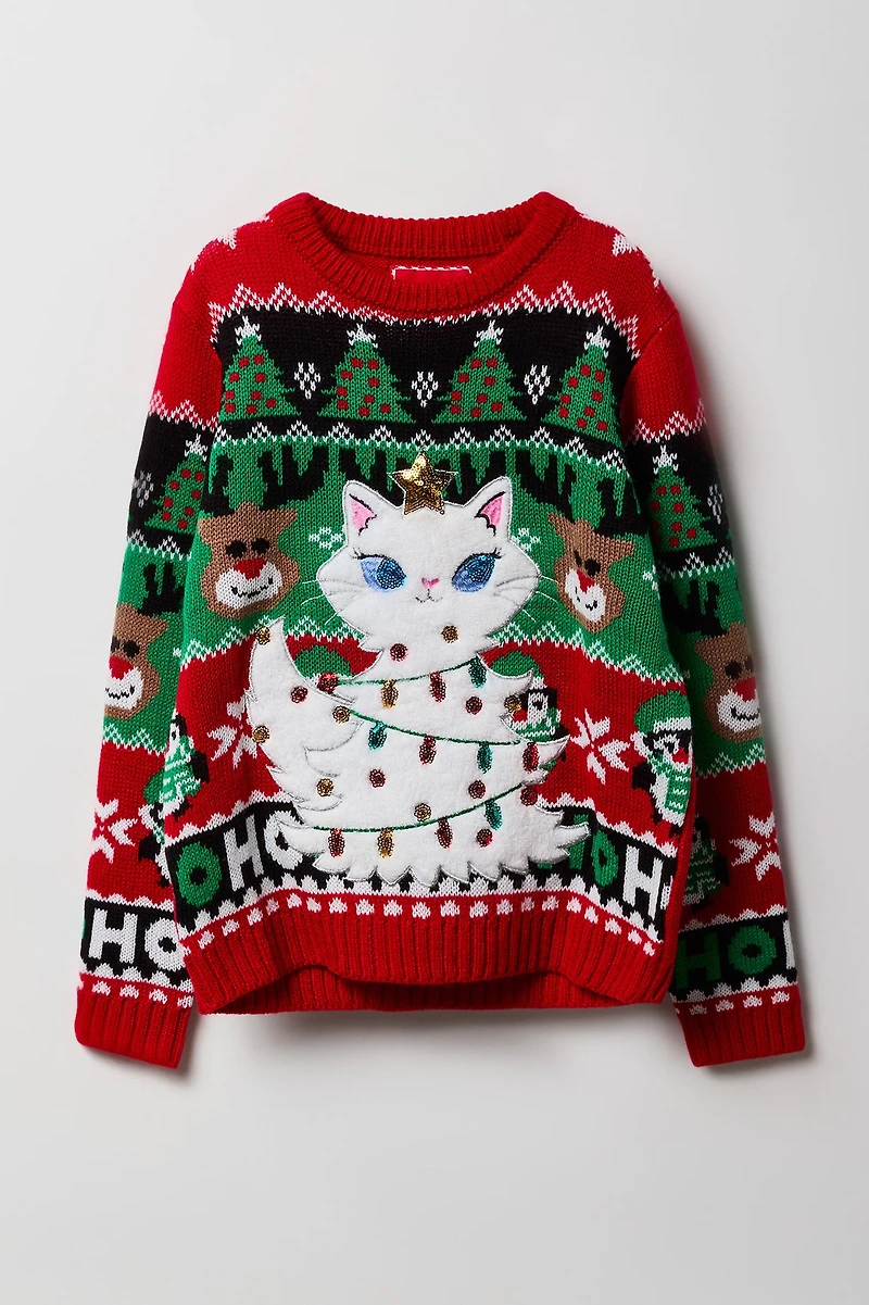 Girls Fuzzy Sequin Christmas Sweater