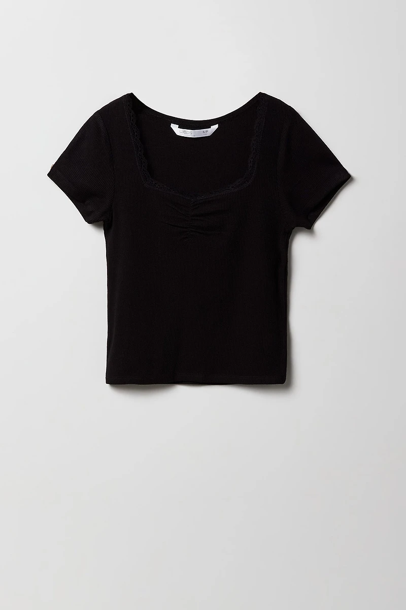 T-shirt cintré côtelé avec liséré de dentelle pour fille