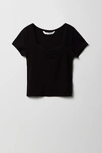 T-shirt cintré côtelé avec liséré de dentelle pour fille