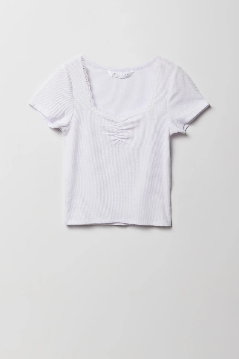 T-shirt cintré côtelé avec liséré de dentelle pour fille