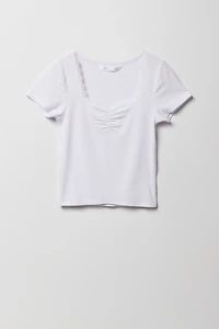 T-shirt cintré côtelé avec liséré de dentelle pour fille