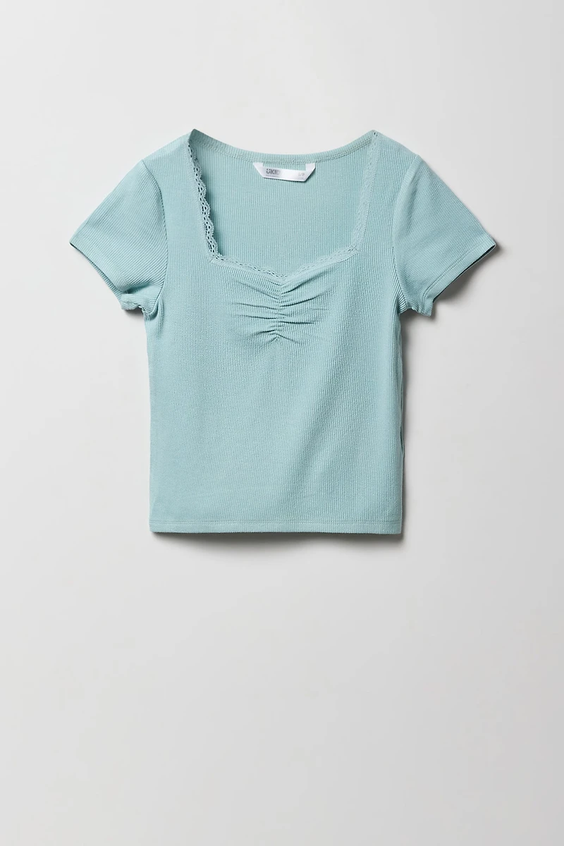 Girls Ribbed Lace Trim Cinched T-Shirt