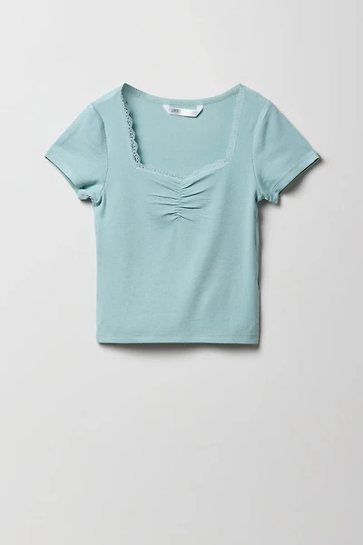 Girls Ribbed Lace Trim Cinched T-Shirt