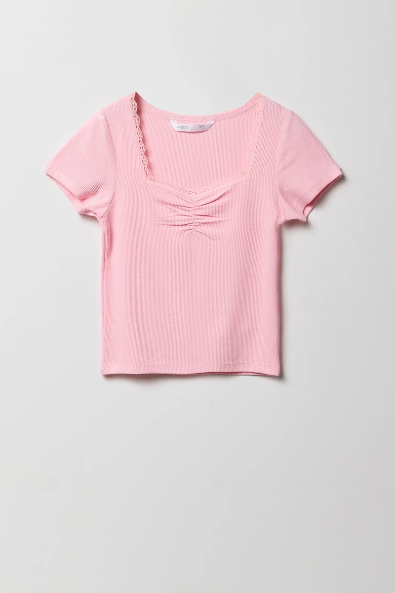 Girls Ribbed Lace Trim Cinched T-Shirt