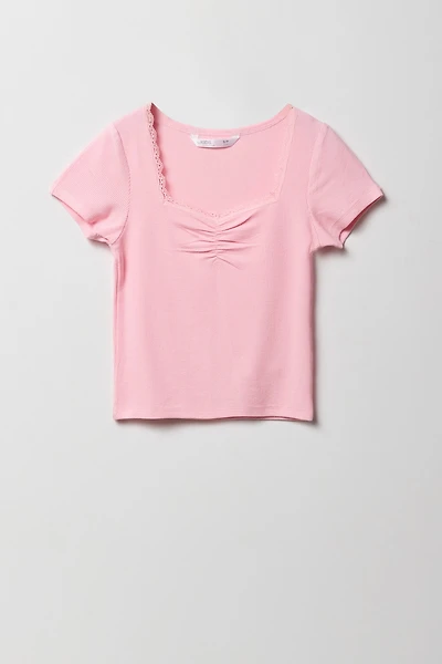 Girls Ribbed Lace Trim Cinched T-Shirt