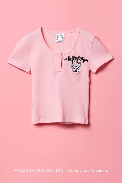 Hello Kitty® Girls Embroidered Waffle Henley T-Shirt
