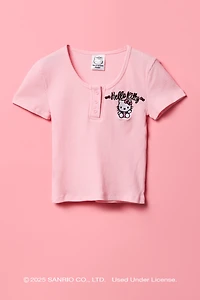 Hello Kitty® Girls Embroidered Waffle Henley T-Shirt