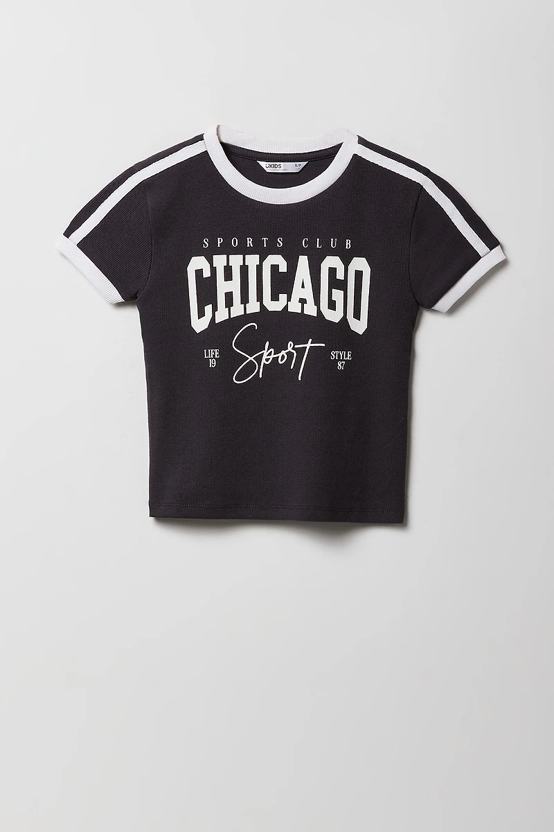 Girls Ribbed Sporty Graphic Ringer T-Shirt