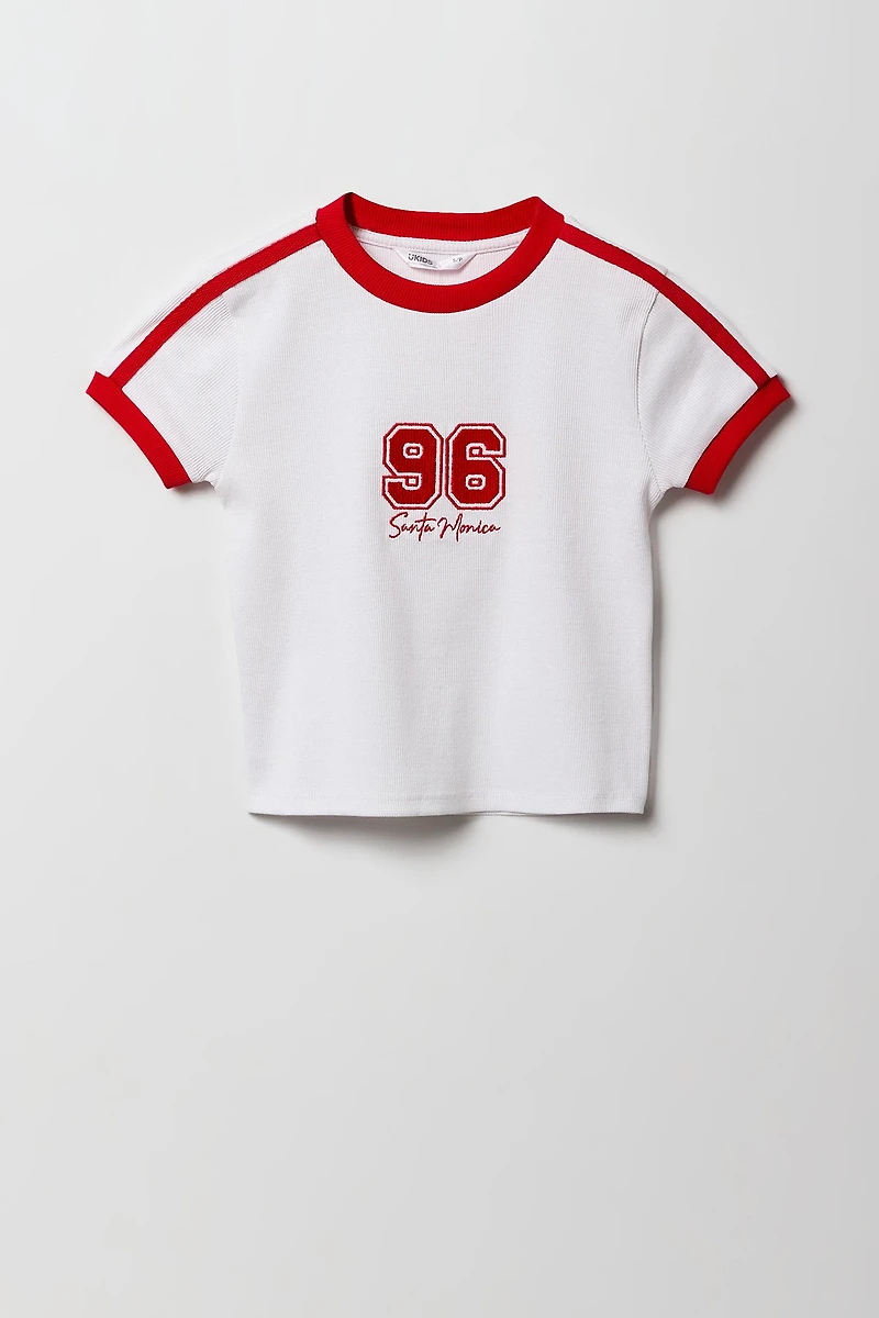 T-shirt côtelé à liséré contrastant avec imprimé Sporty pour fille