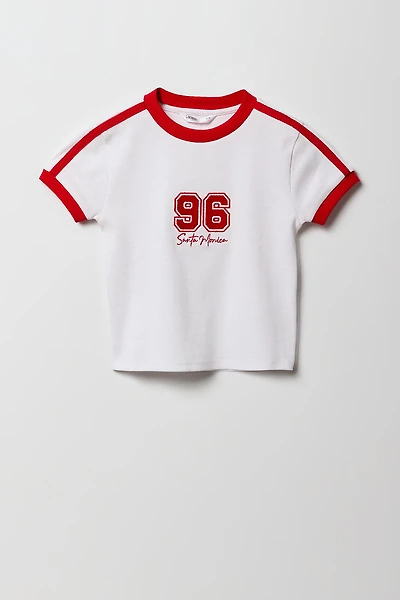 T-shirt côtelé à liséré contrastant avec imprimé Sporty pour fille