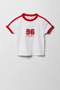 T-shirt côtelé à liséré contrastant avec imprimé Sporty pour fille