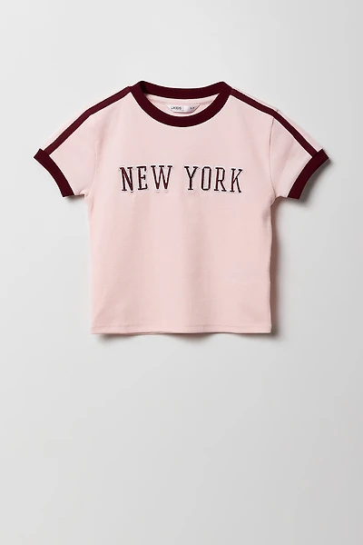 T-shirt côtelé à liséré contrastant avec imprimé Sporty pour fille