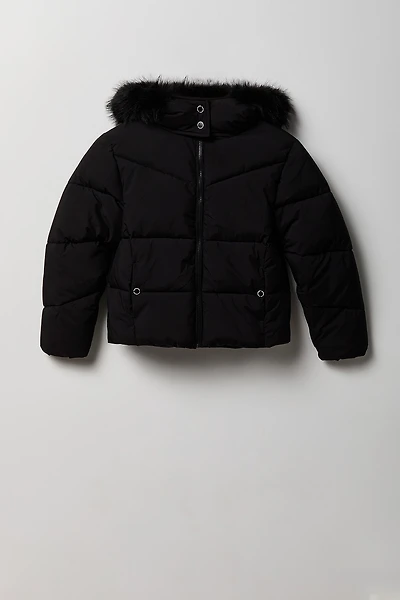 Girls Fur Trim Puffer Jacket