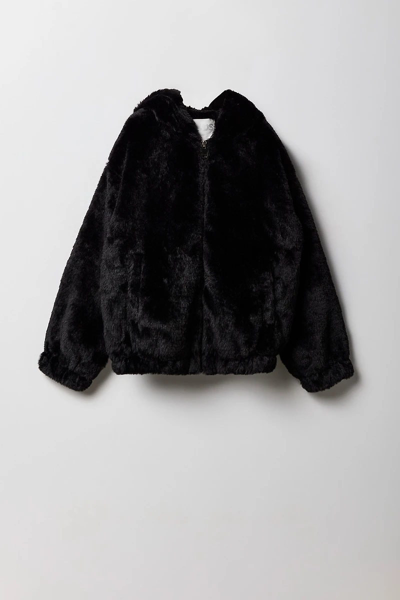 Blouson d'aviateur avec capuchon en similifourrure pour filles