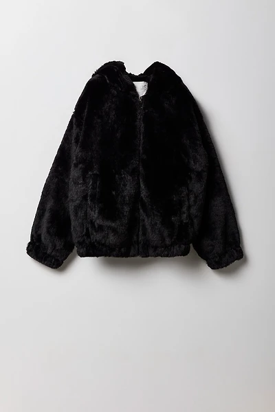 Blouson d'aviateur avec capuchon en similifourrure pour filles