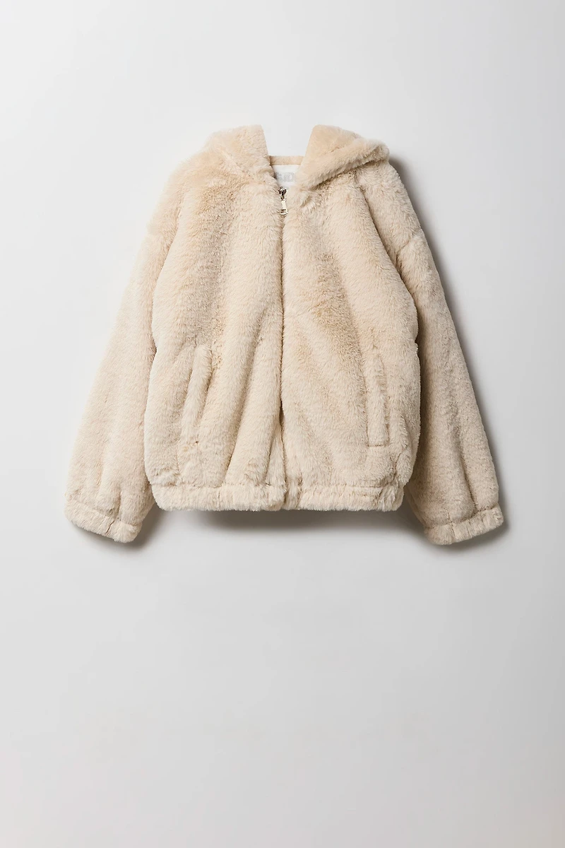 Girls Faux Fur Hooded Bomber Jacket