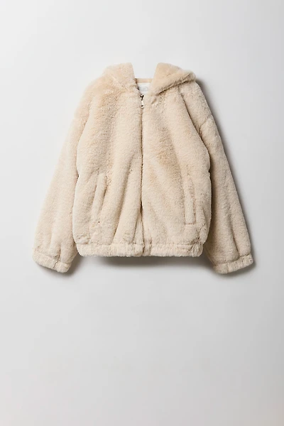 Girls Faux Fur Hooded Bomber Jacket