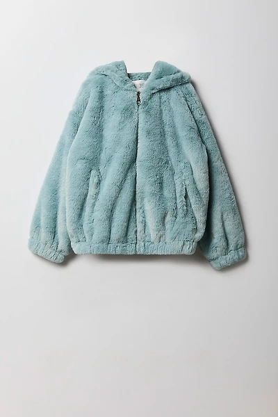 Girls Faux Fur Hooded Bomber Jacket