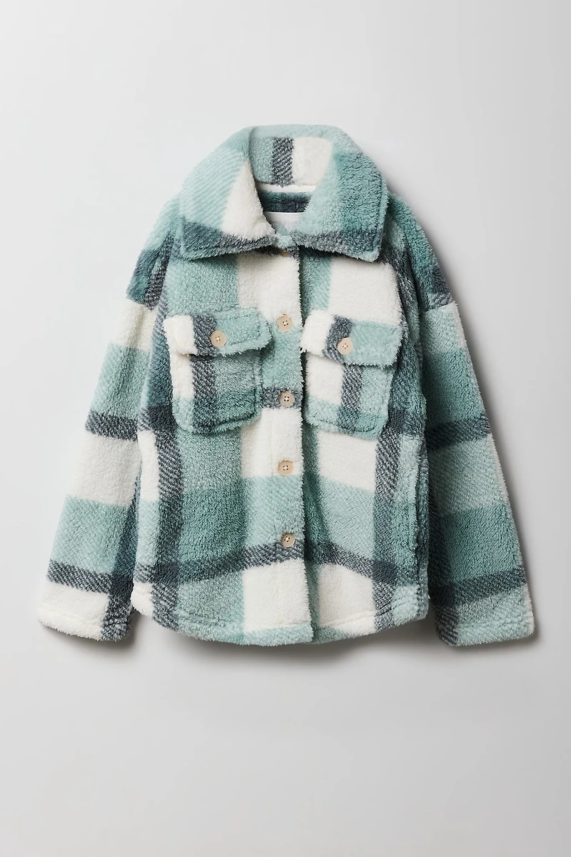 Girls Plaid Sherpa Shacket