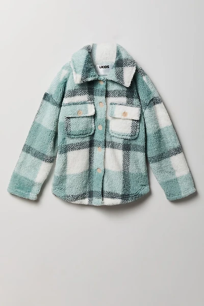 Girls Sherpa Plaid Shacket