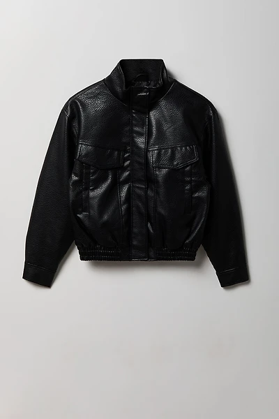 Girls Faux-Leather Bomber Jacket