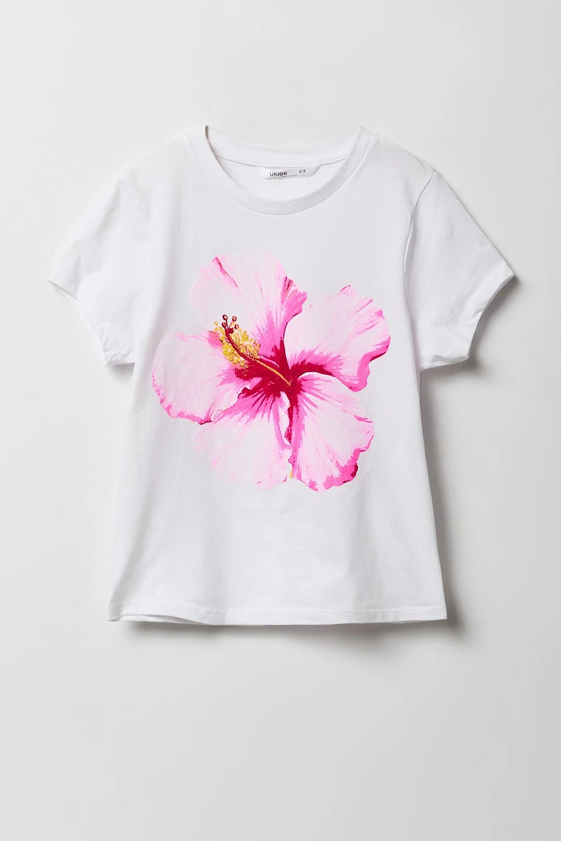 Girls Pink Hibiscus Graphic T-Shirt