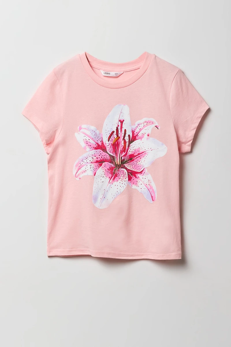 T-shirt à imprimé White & Pink Flower pour filles