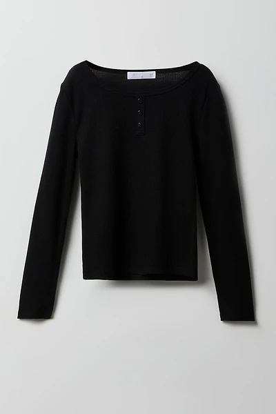 Girls Waffle Knit Henley Long Sleeve Top