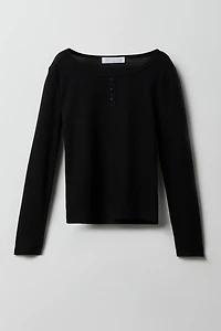 Girls Waffle Knit Henley Long Sleeve Top