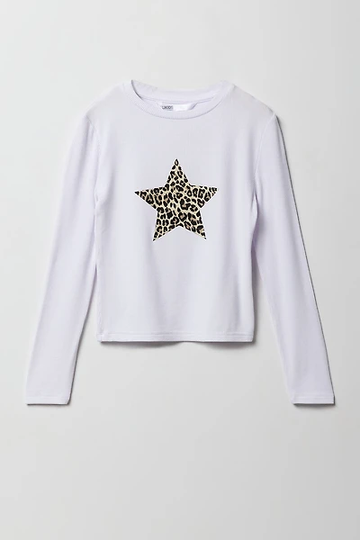 Girls Ribbed Cheetah Star Graphic Long Sleeve Top
