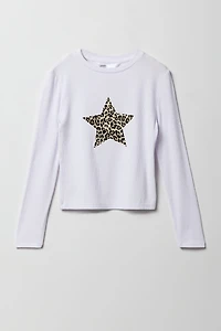 Girls Ribbed Cheetah Star Graphic Long Sleeve Top