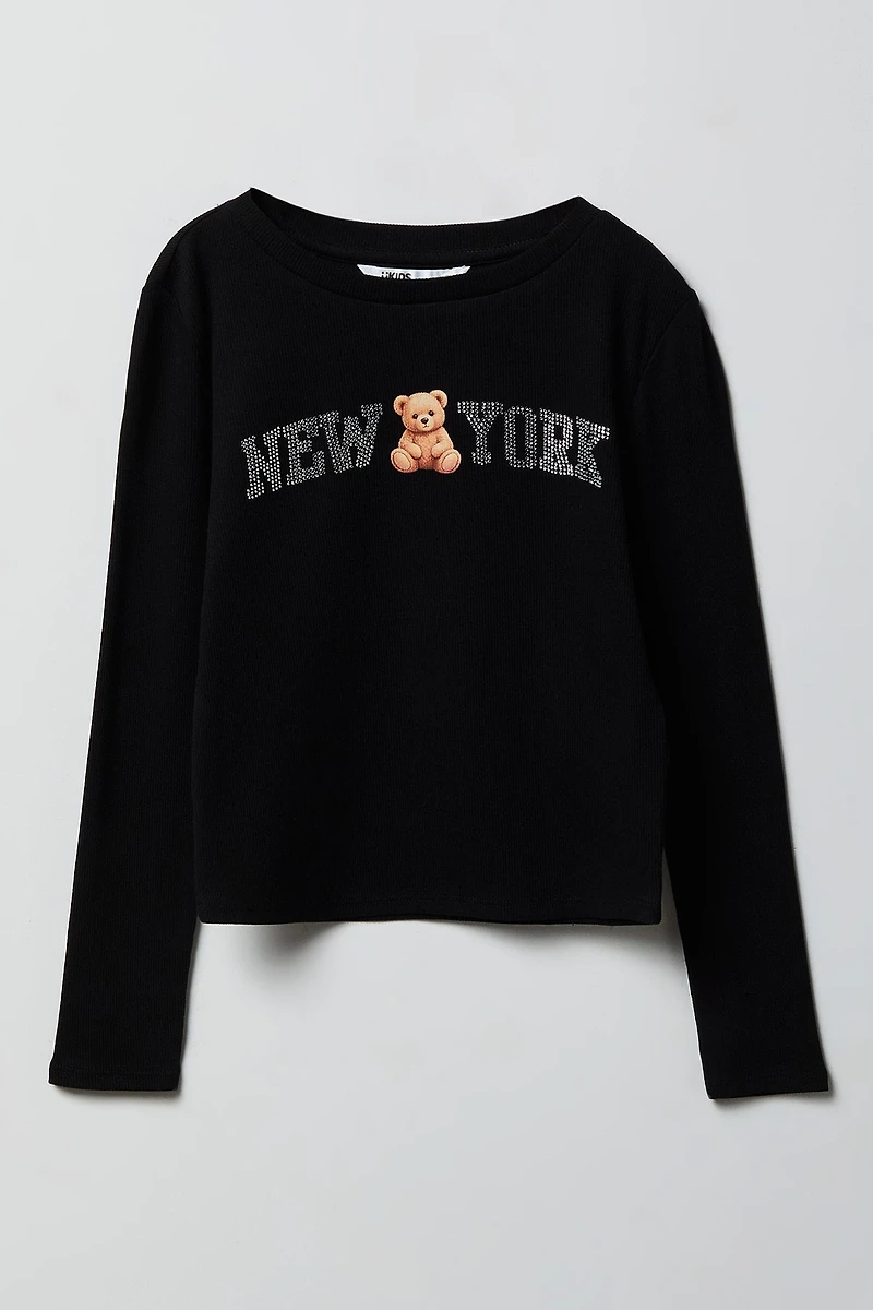 Girls Ribbed Rhinestone Long Sleeve Top