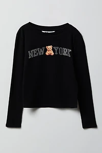Girls Ribbed Rhinestone Long Sleeve Top