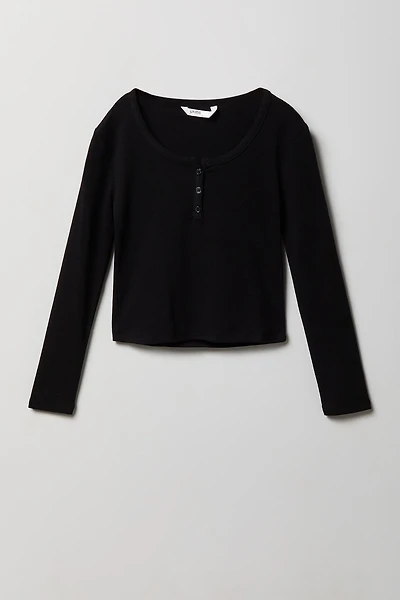 Girls Ribbed Long Sleeve Henley Top