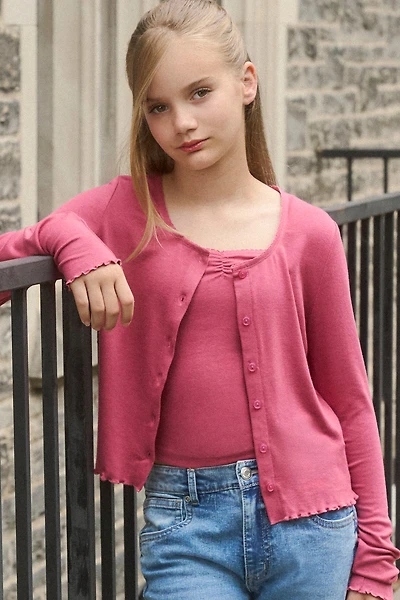 Girls Button Front Long Sleeve Top & Cami 2 Piece Set