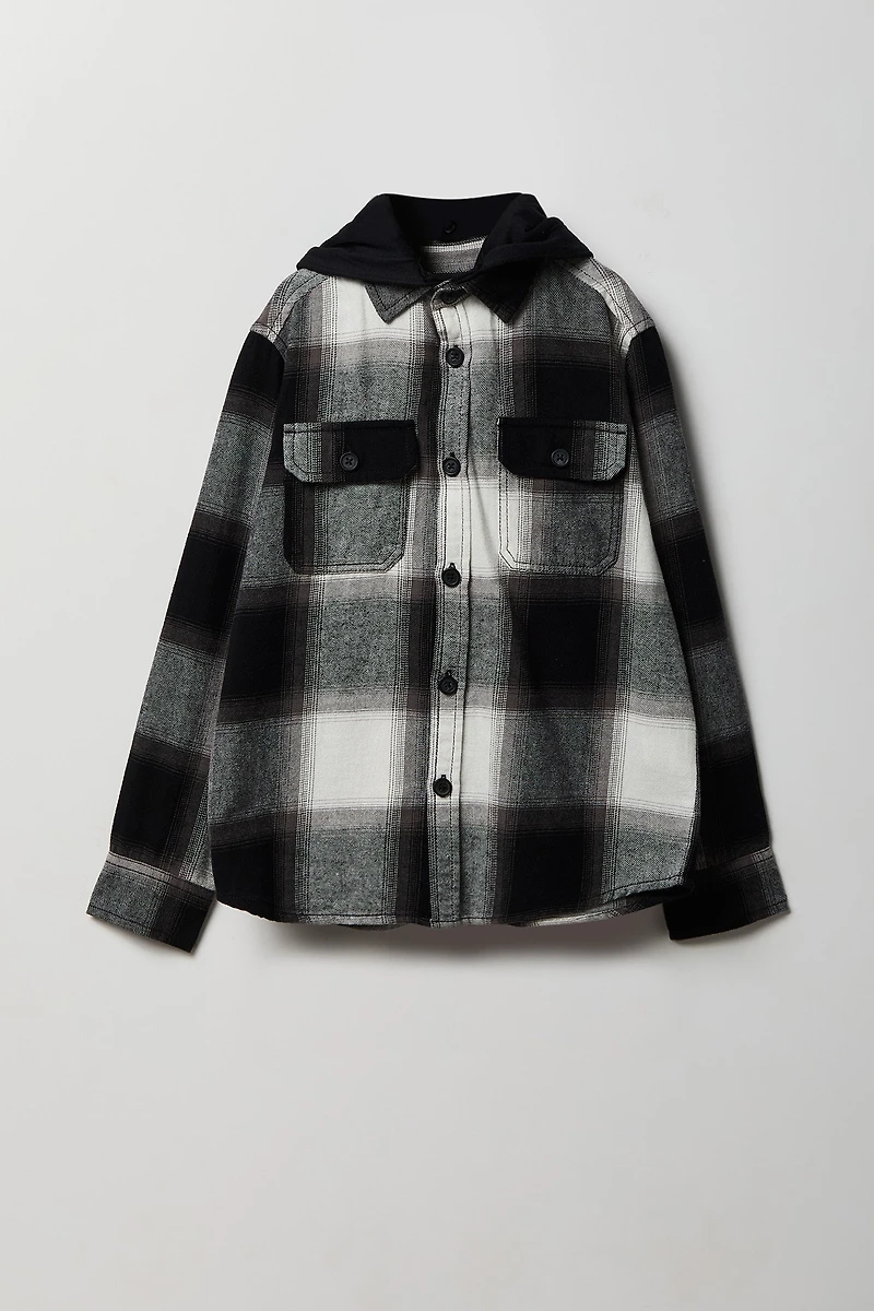 Boys Plaid Flannel Hooded Button-Up Top
