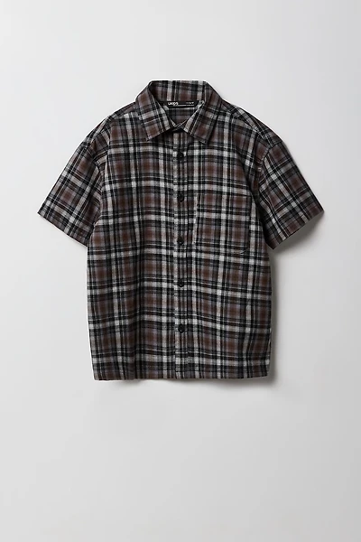 Boys Poplin Plaid Boxy Collared Short Sleeve Top