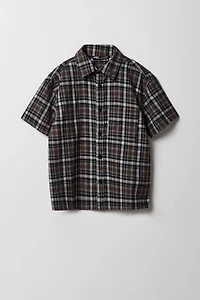 Boys Poplin Plaid Boxy Collared Short Sleeve Top
