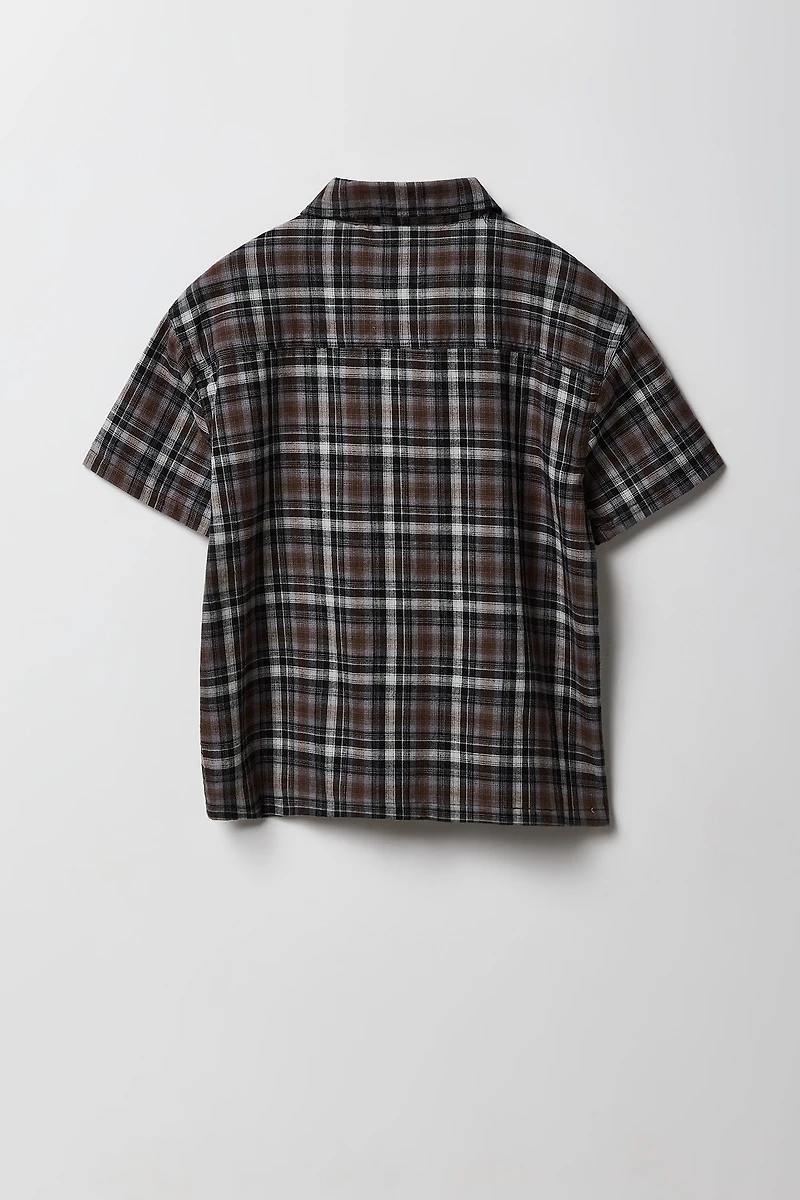 Boys Poplin Plaid Boxy Collared Short Sleeve Top