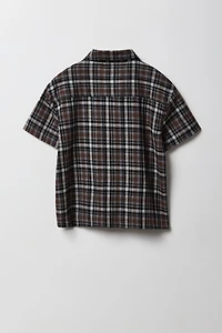 Boys Poplin Plaid Boxy Collared Short Sleeve Top